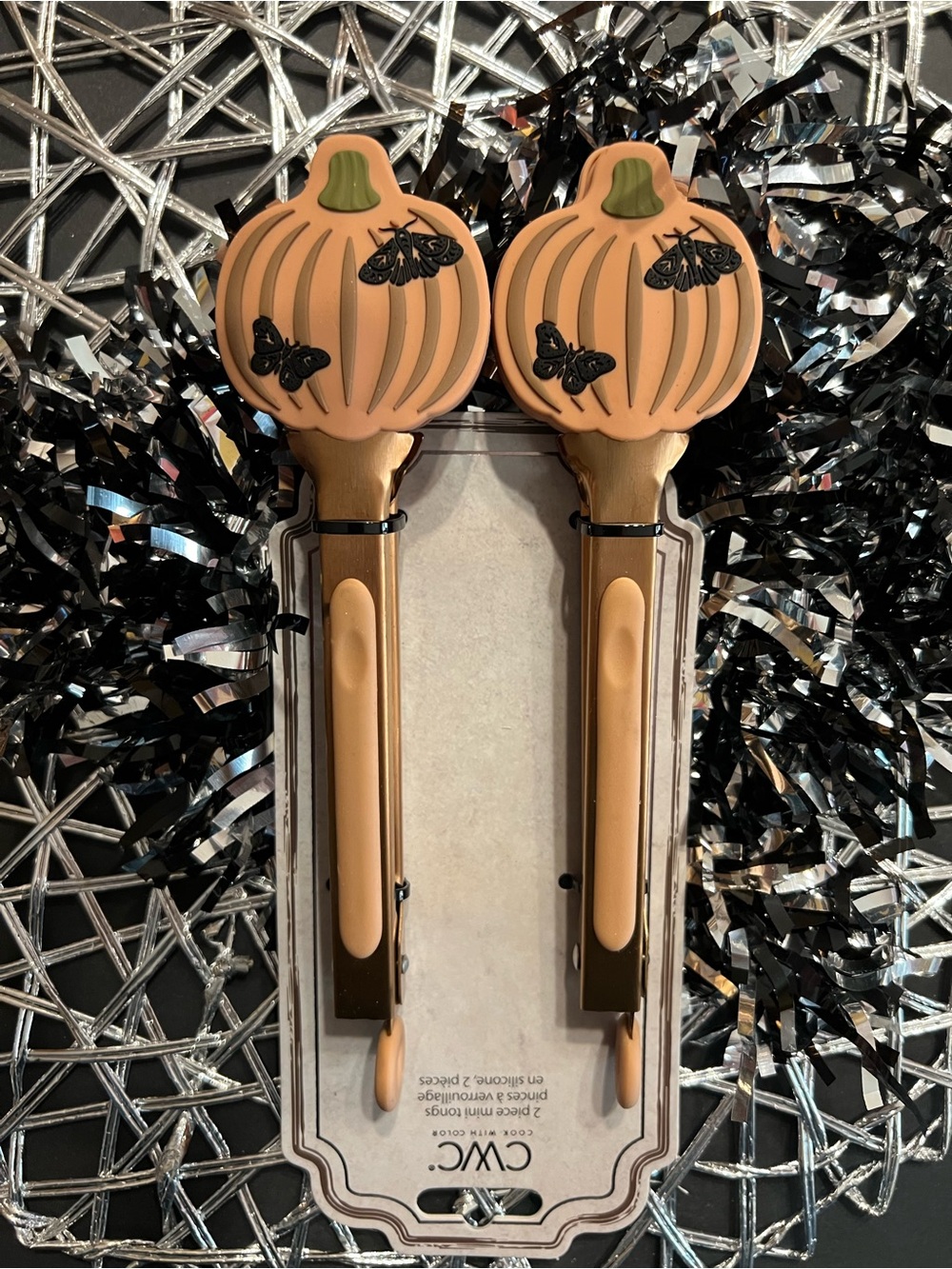 2 Silicone Harvest Pumpkins with Black Moths Tongs Halloween Bronze Metal Handle